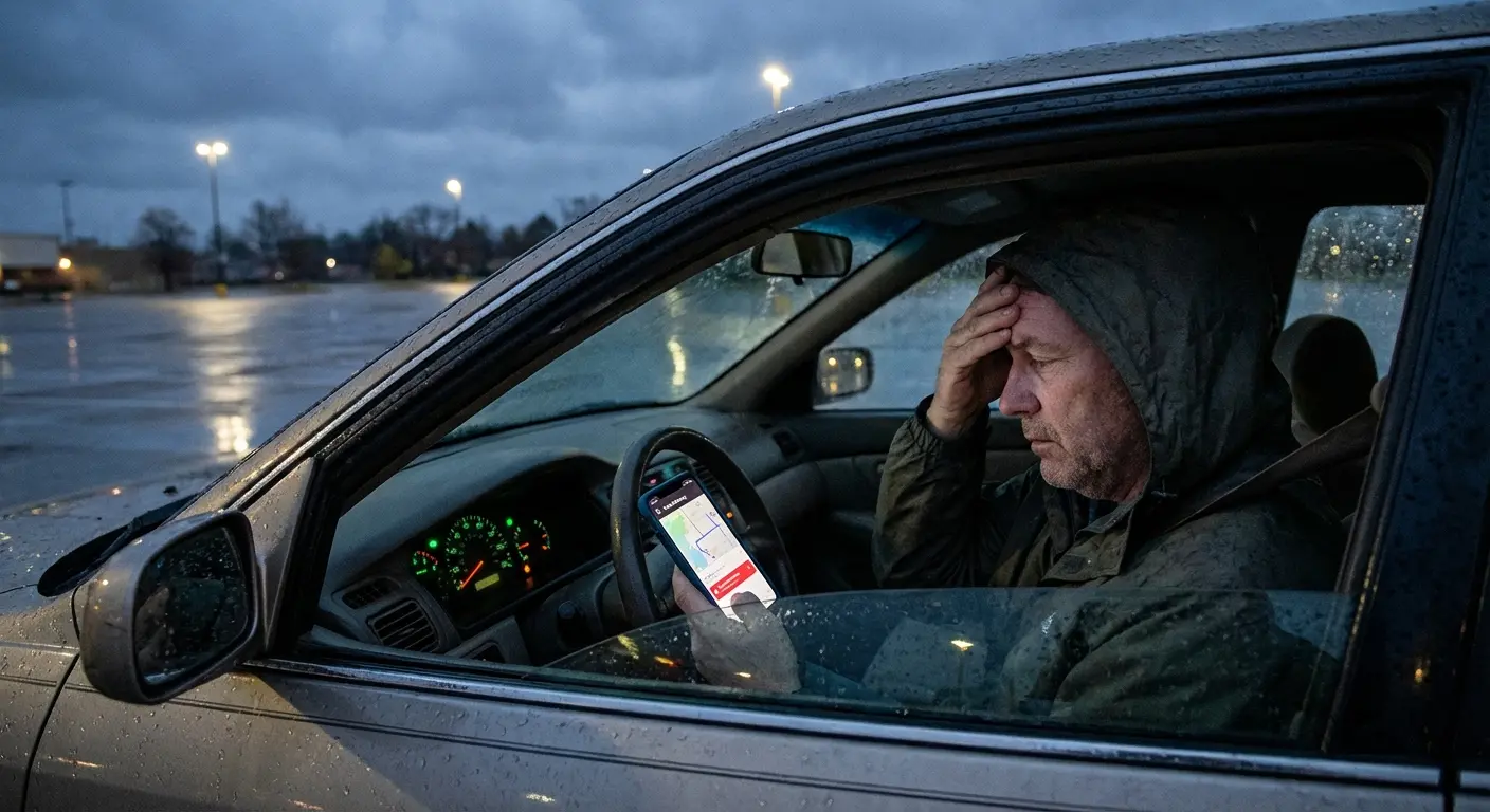 Driver looking at delivery app on smartphone in car