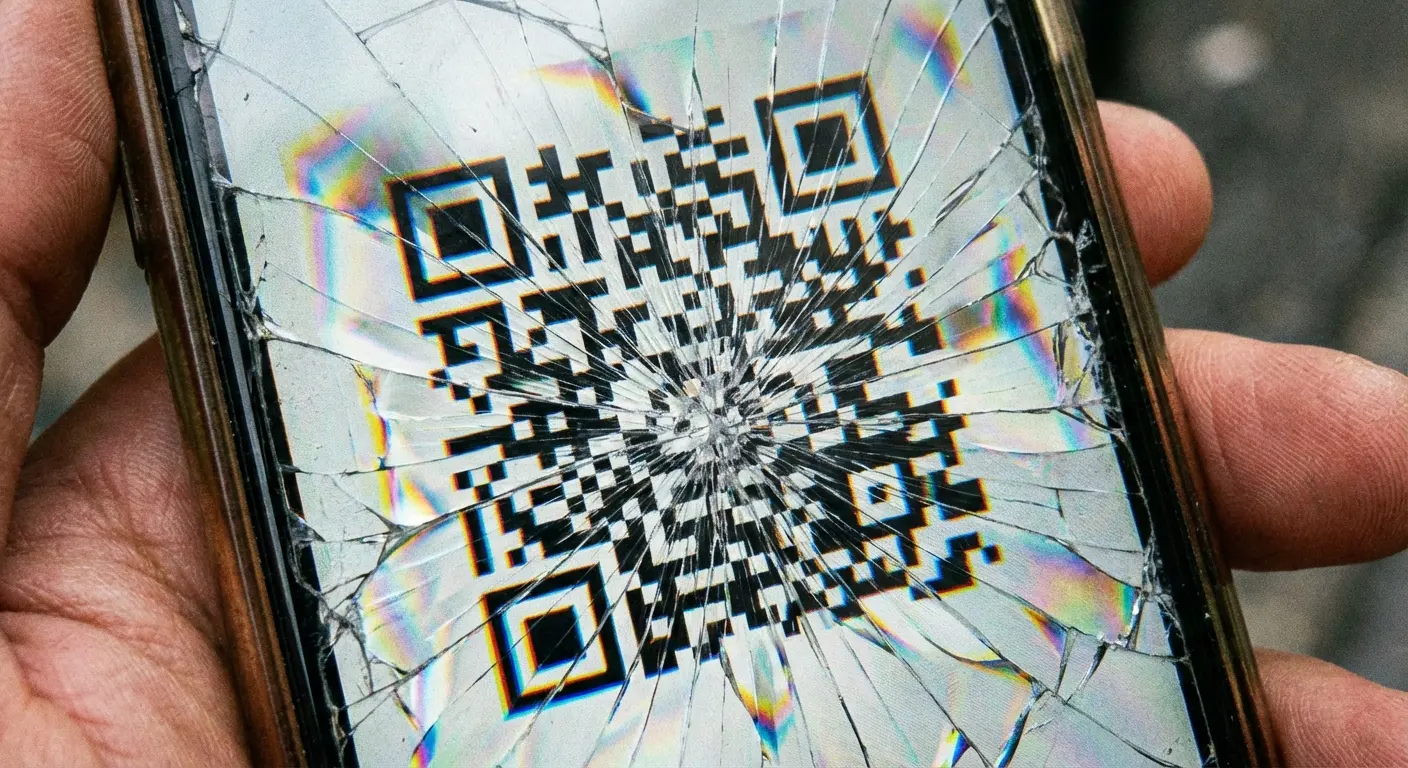 Cracked phone screen displaying QR code