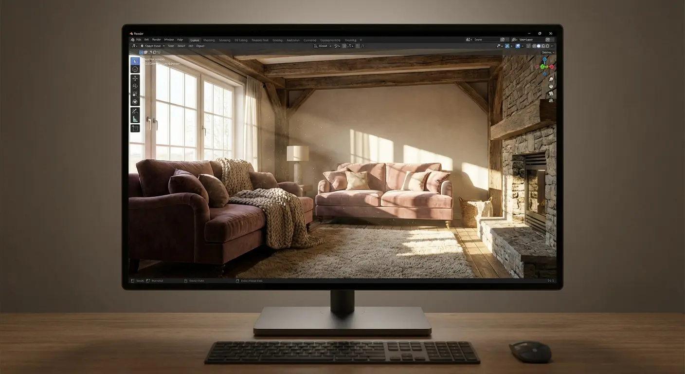 Photorealistic rendering of a living room created in Homestyler