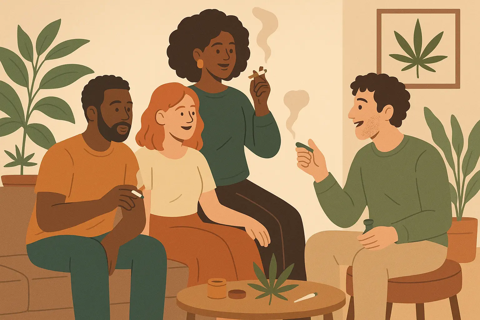 Group of people socializing with cannabis products