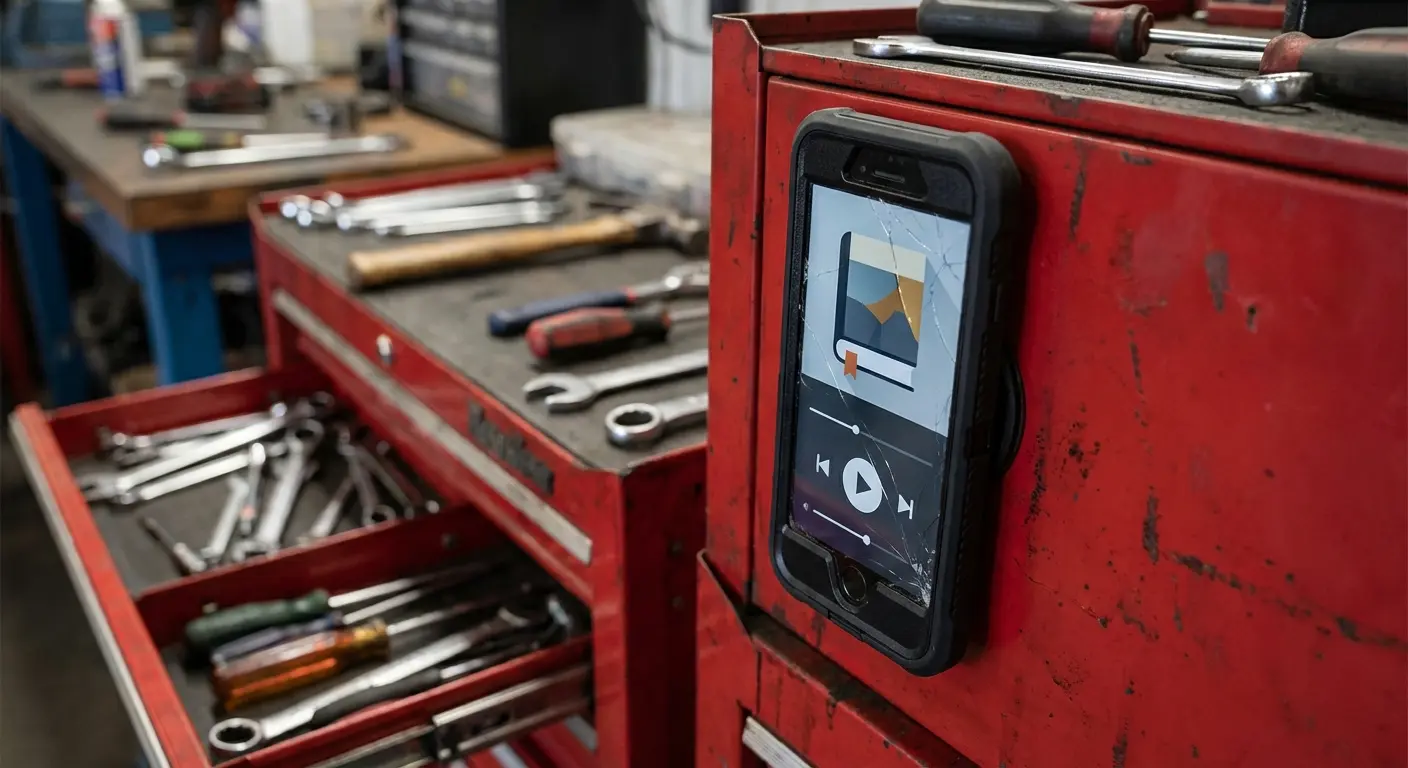 iPhone in Rokform case magnetically attached to gym equipment