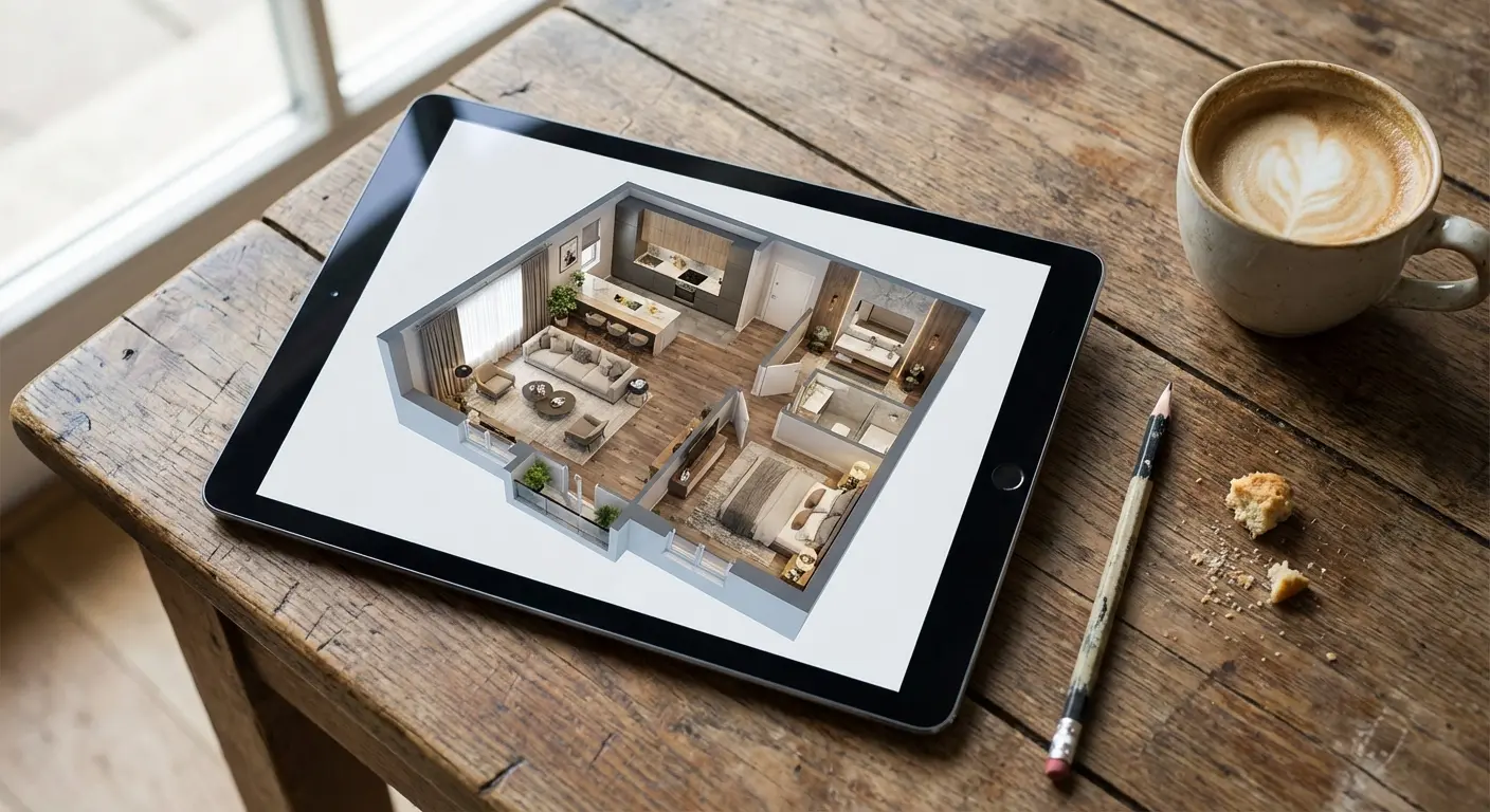 3D floor planning software showing a home layout on a tablet
