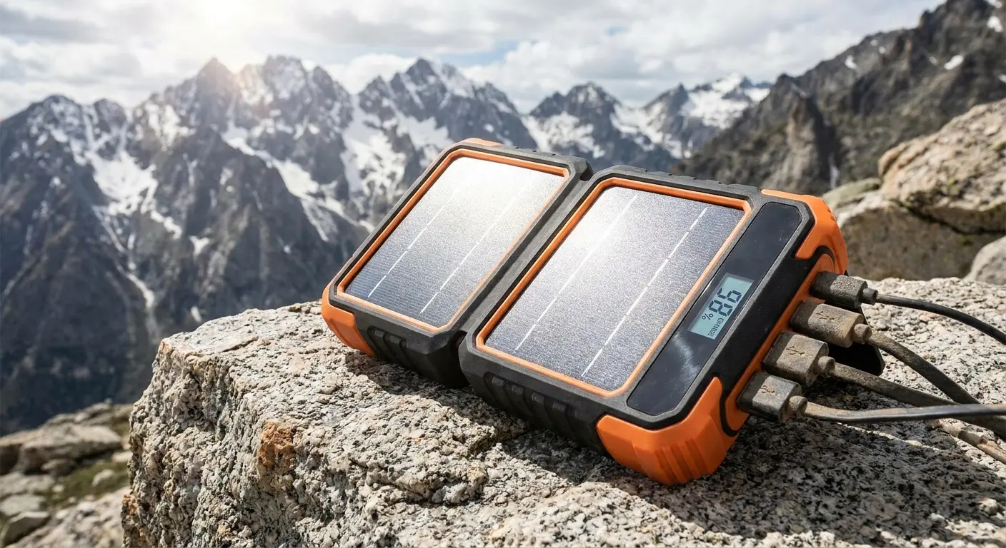 Solar power bank charging in wilderness setting