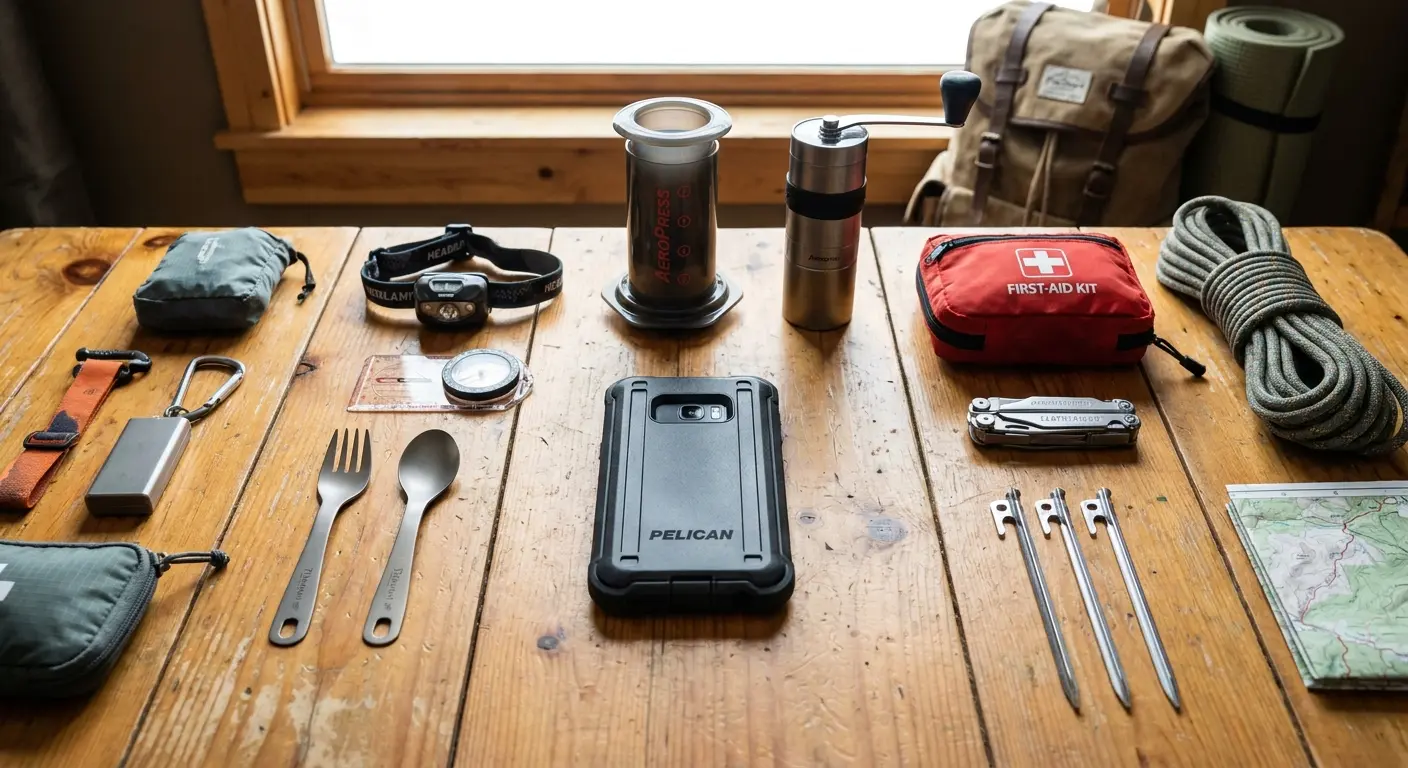 Camping gear laid out on ground