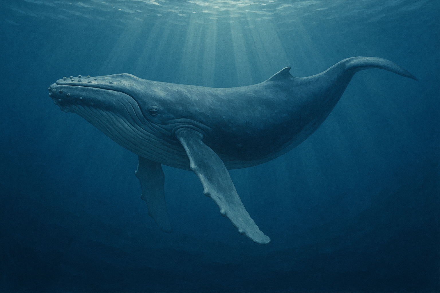 Peaceful humpback whale swimming in deep blue ocean waters