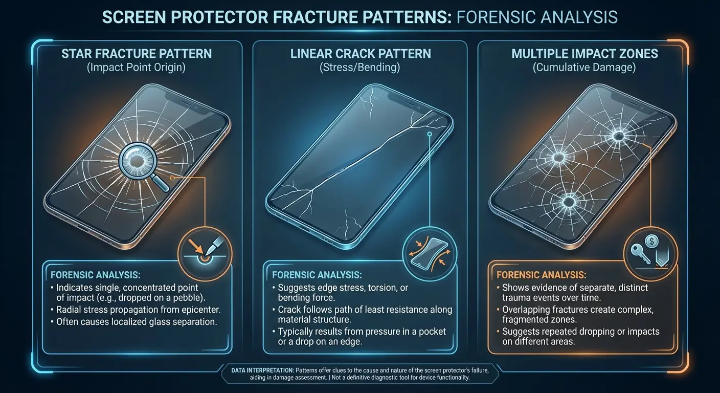 Star pattern screen protector crack showing successful impact absorption