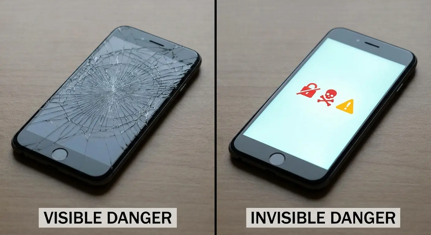 Person holding damaged smartphone with cracked screen
