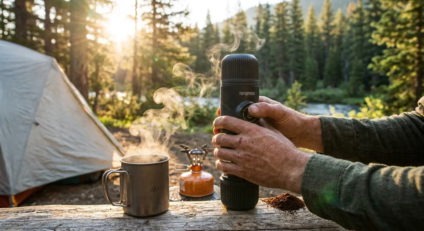 Portable espresso maker at campsite
