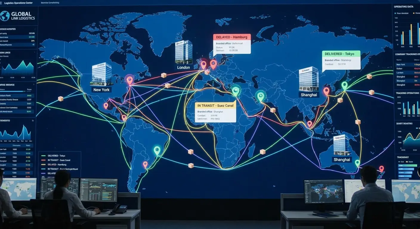 Real-time shipping tracking showing device locations, delivery status, and automated alerts for delays or issues