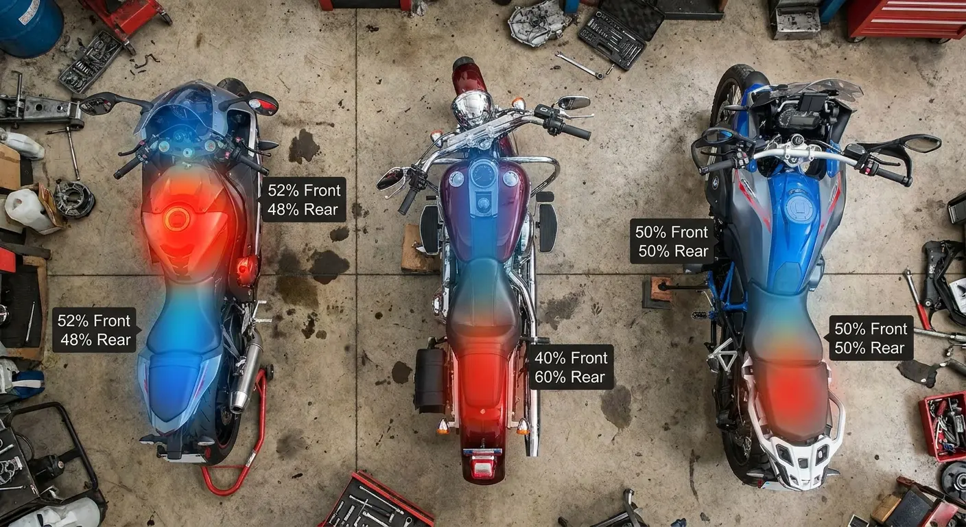 Diagram showing motorcycle weight distribution percentages