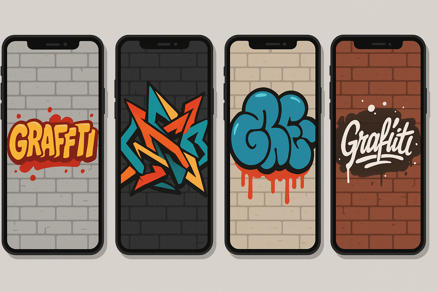 Various phone sizes displaying graffiti wallpapers