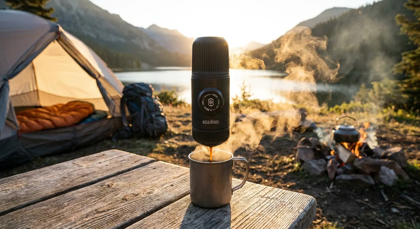 Portable espresso maker brewing coffee outdoors