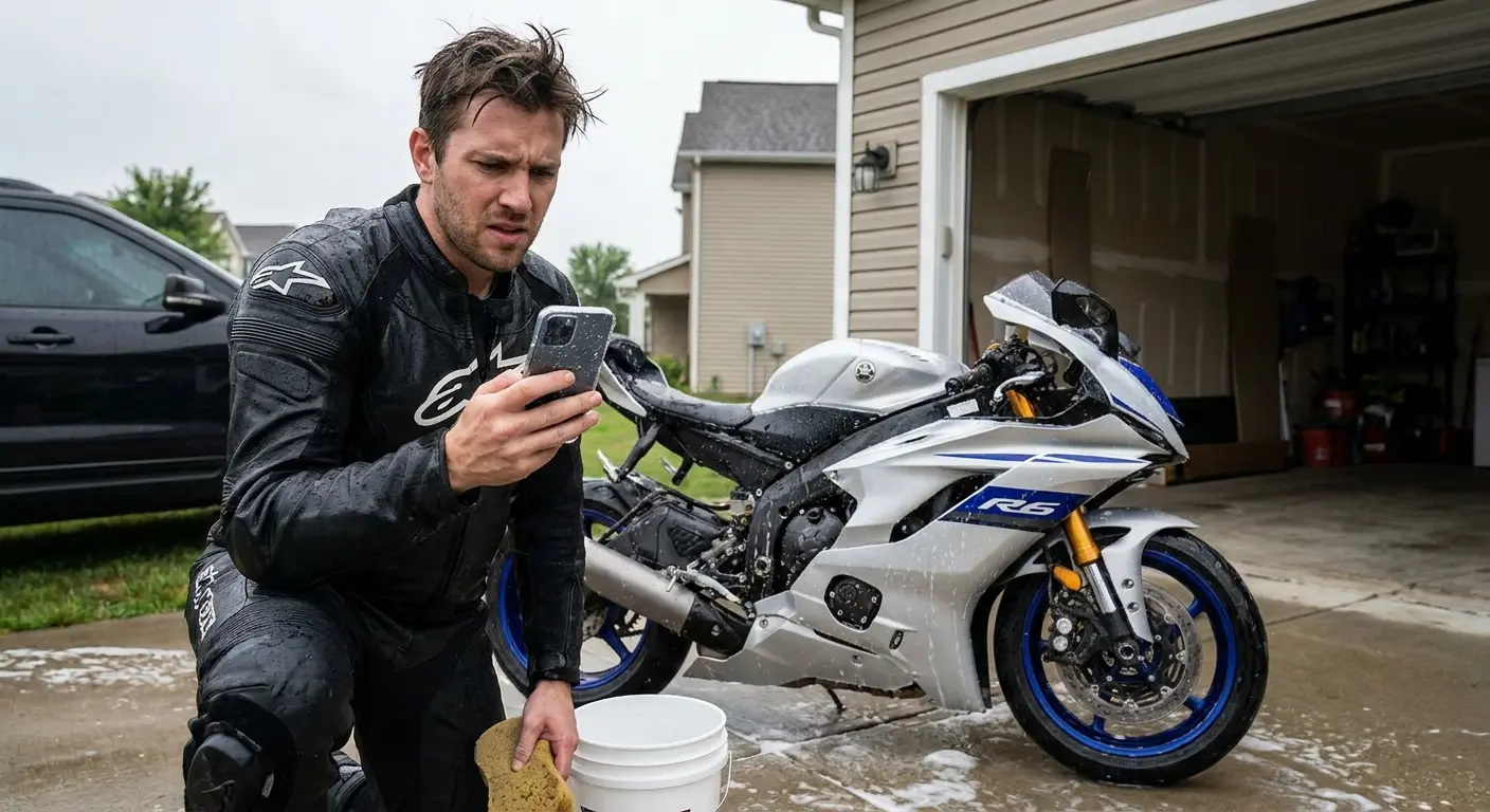 Motorcycle washing workflow setup with organized tools