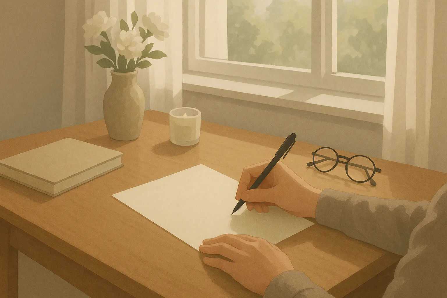 Person writing at desk with Bible open for guidance and inspiration