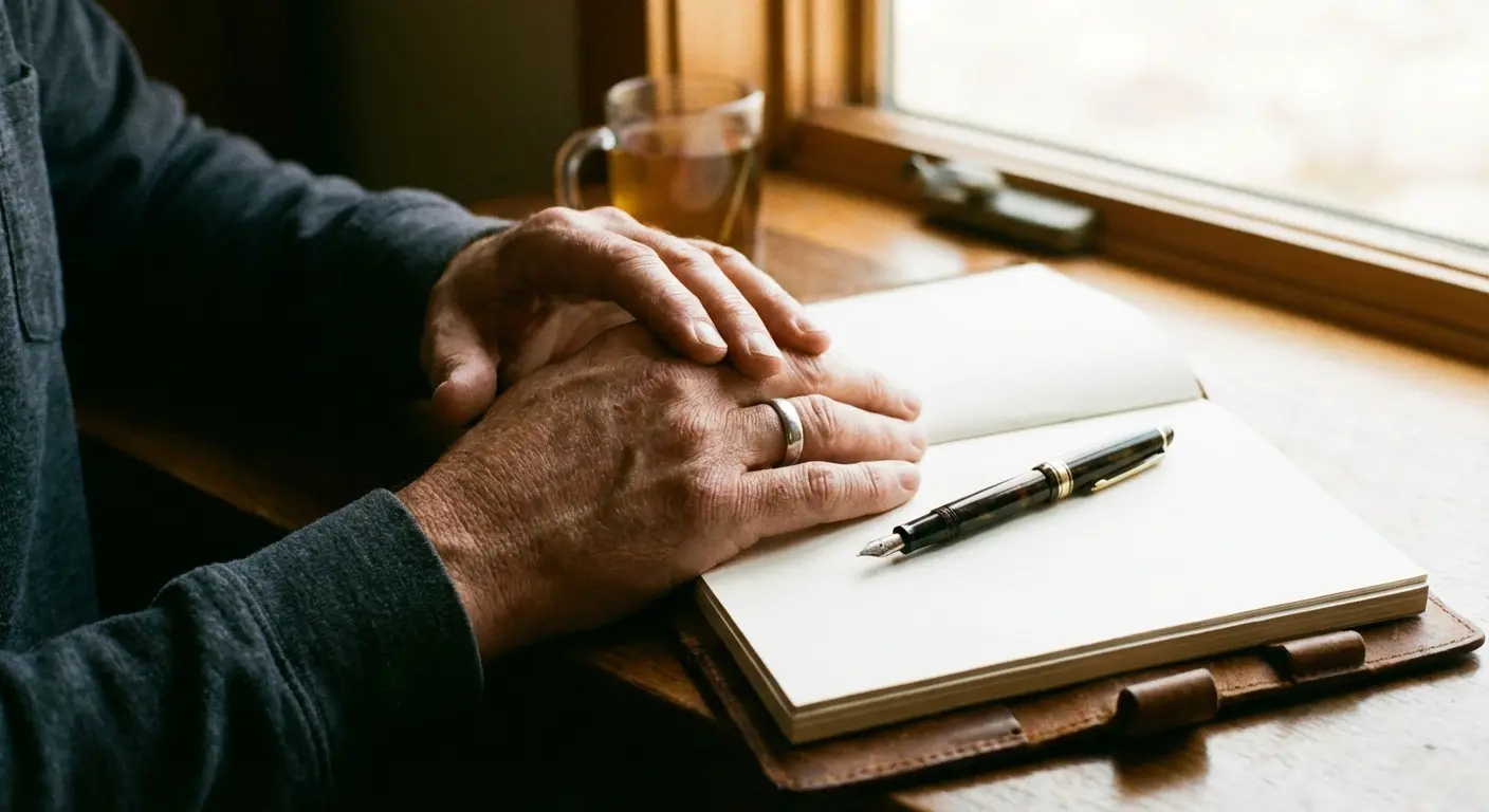 Man staring at a blank page thinking about eulogy examples for an uncle