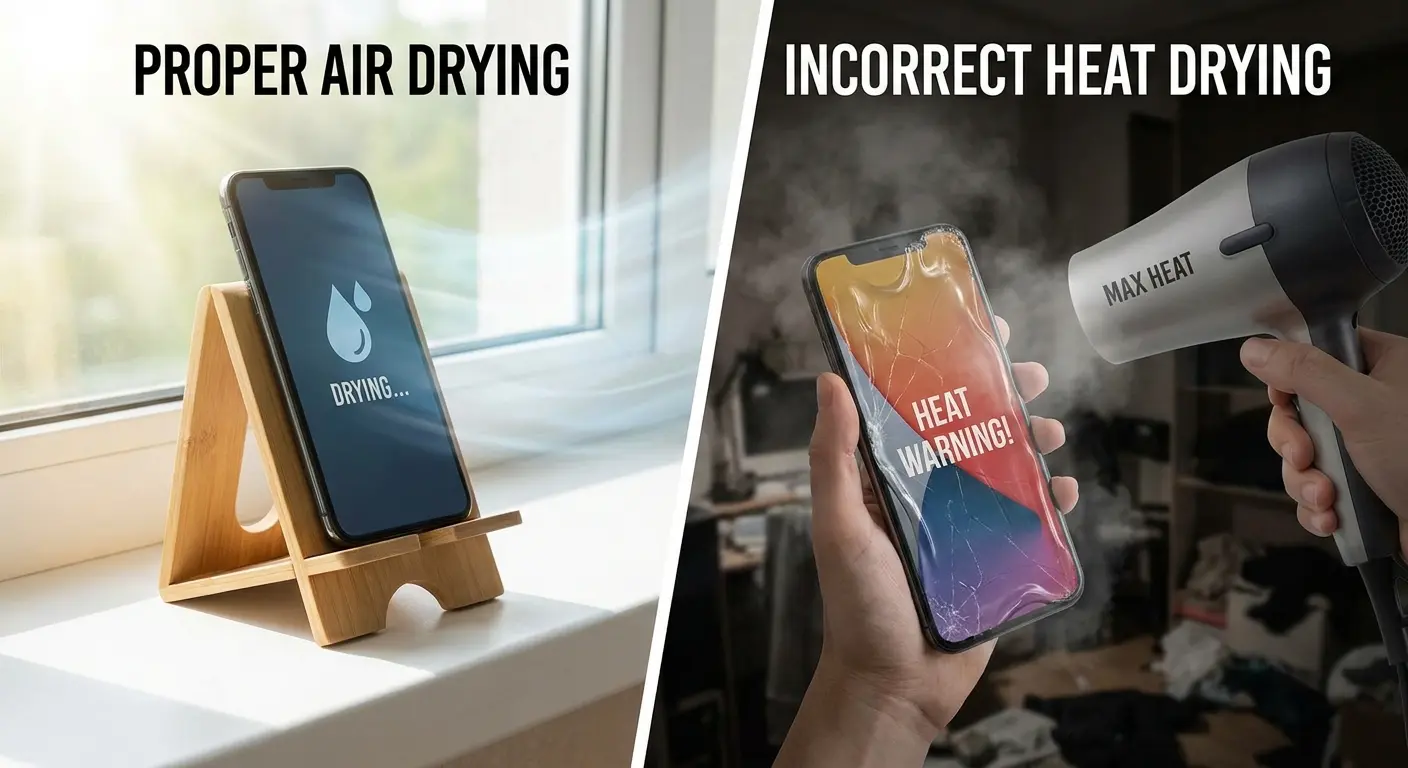 Proper passive air drying setup for water damaged phones