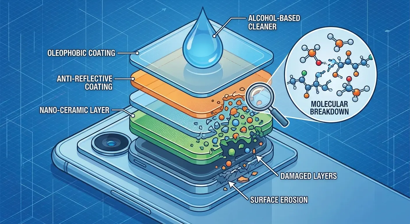 Microscopic view of damaged lens coating