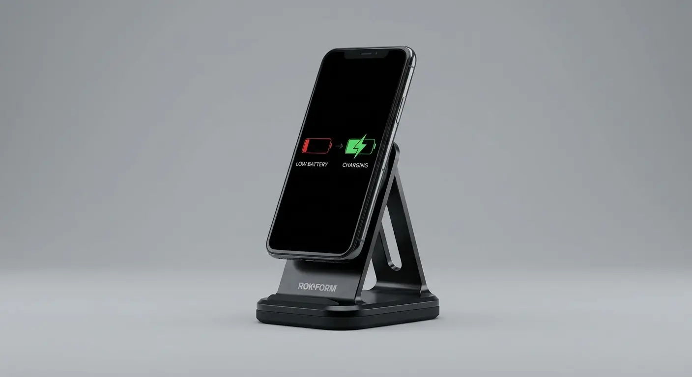 Rokform magnetic wireless charging stand holding a phone in landscape mode