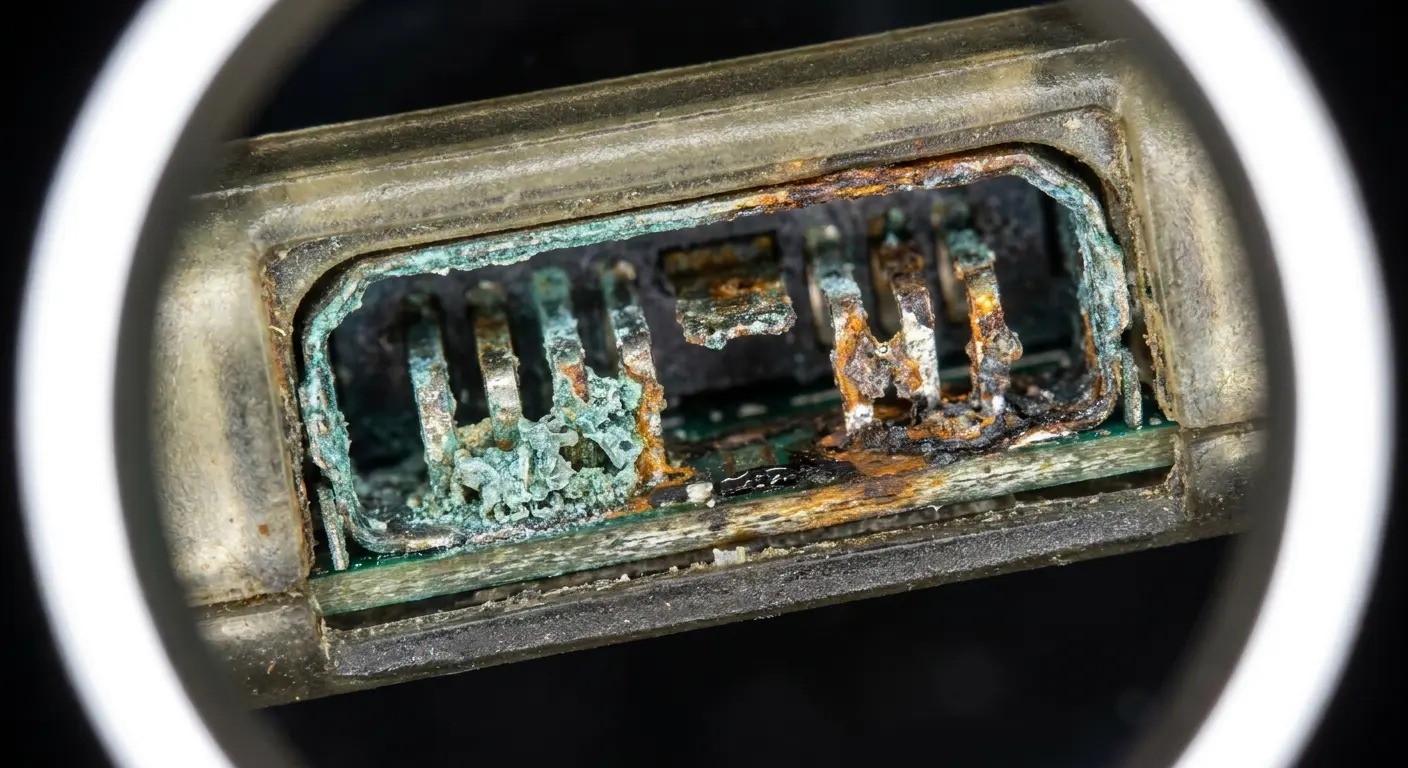 Corroded phone charging port closeup