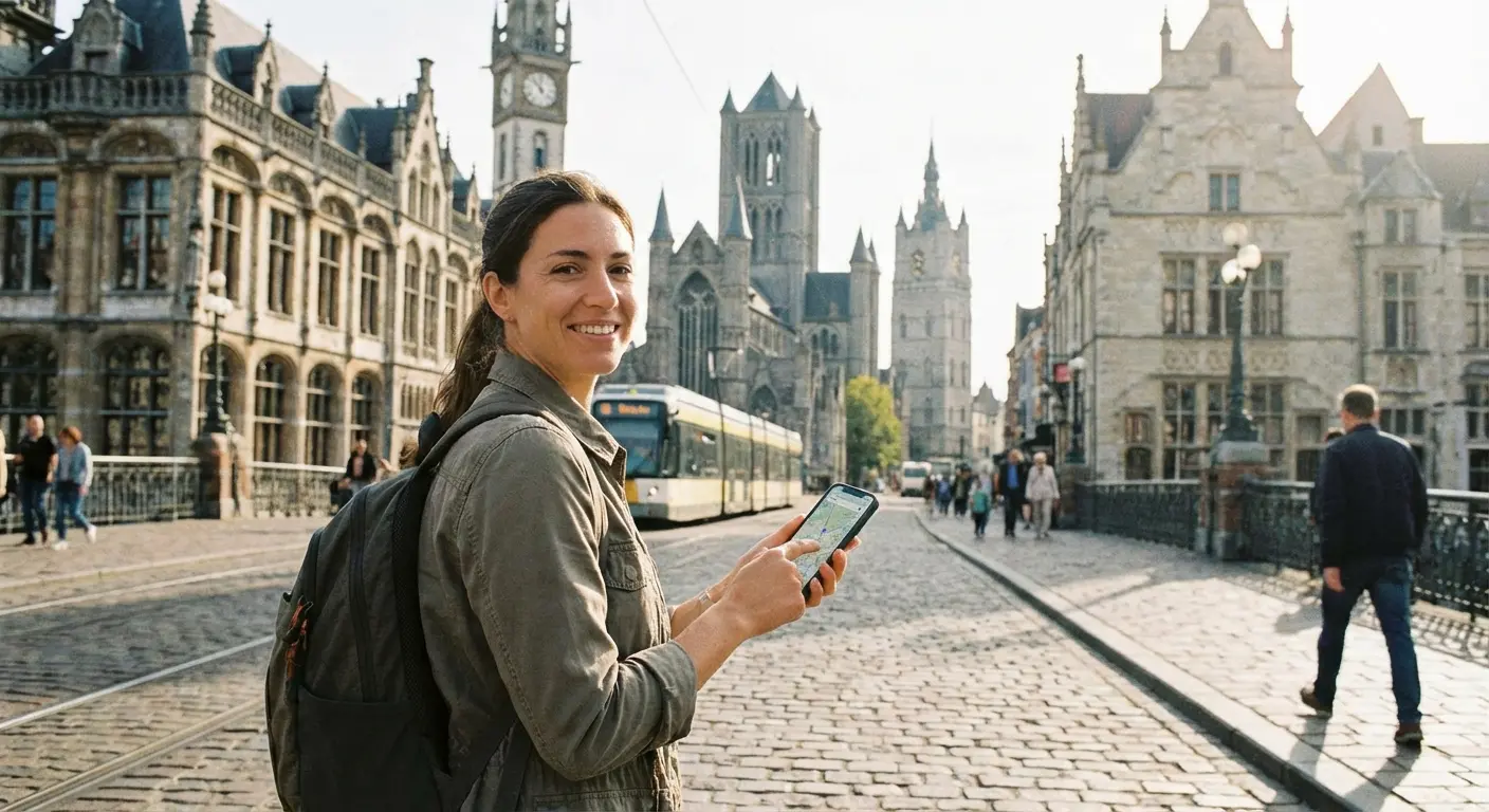 Traveler using phone for navigation abroad