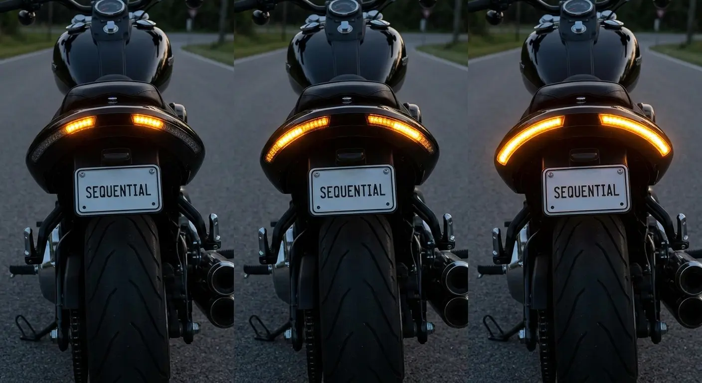 Sequential turn signal LED strips on motorcycle