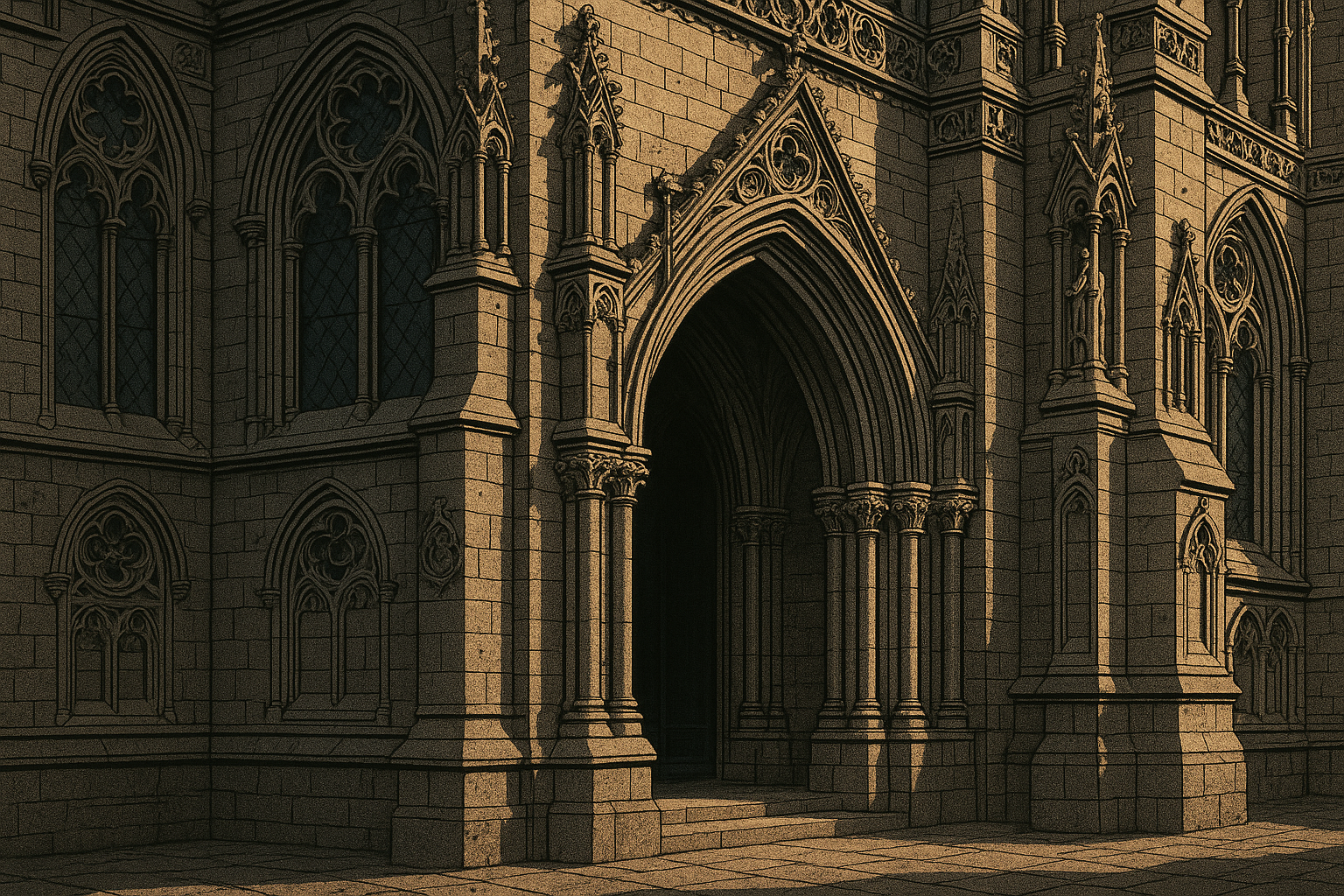 Victorian Gothic architecture with dramatic shadows and ornate stonework