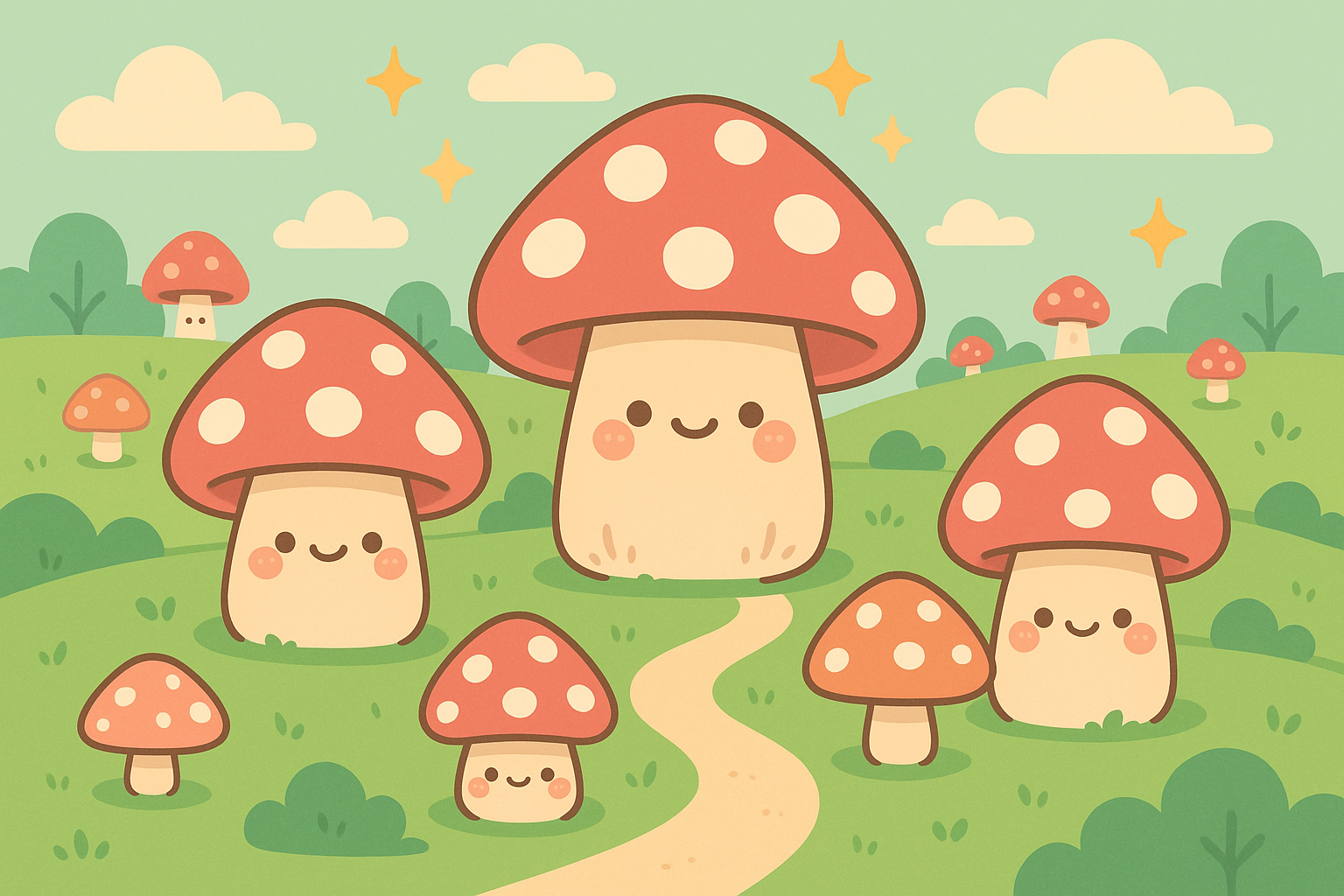 Kawaii toadstool village with cute cartoon mushrooms