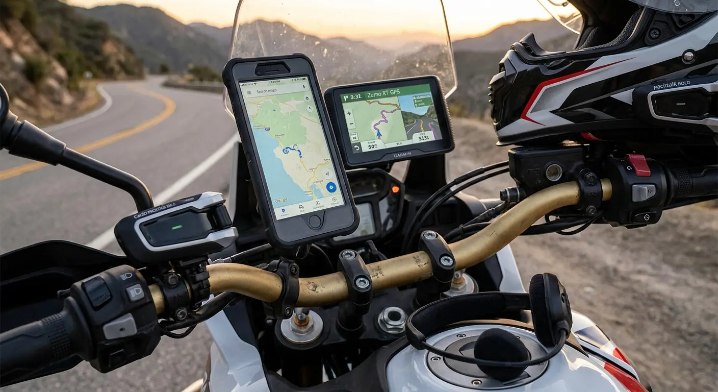 Motorcycle accessories and phone mount installed