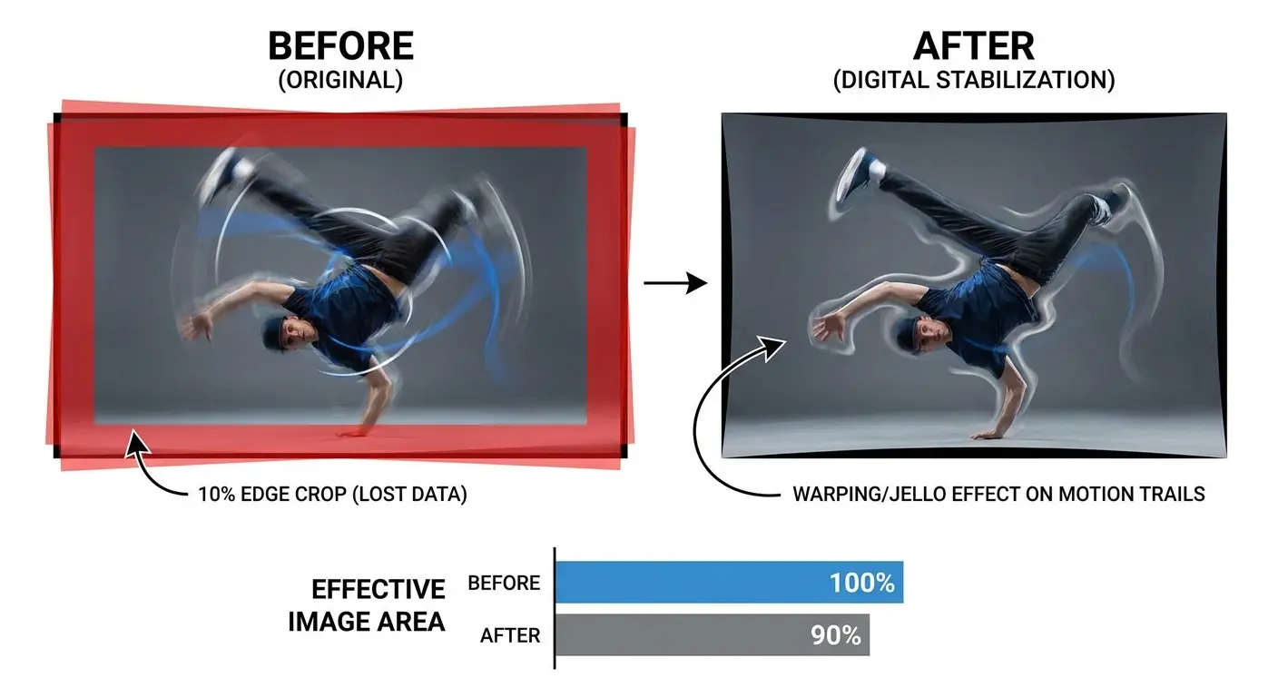 Digital stabilization comparison showing crop effect