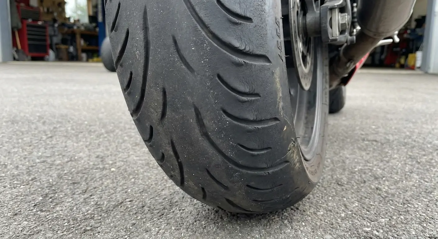 Motorcycle tire wear patterns showing different riding styles and maintenance issues