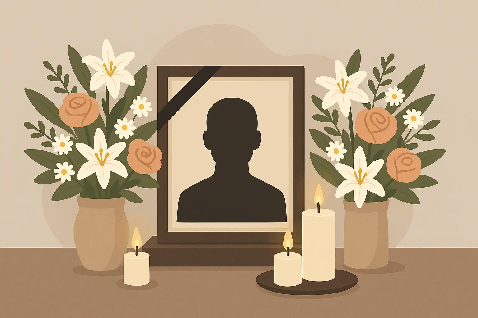 Memorial service with flowers and family photos displayed