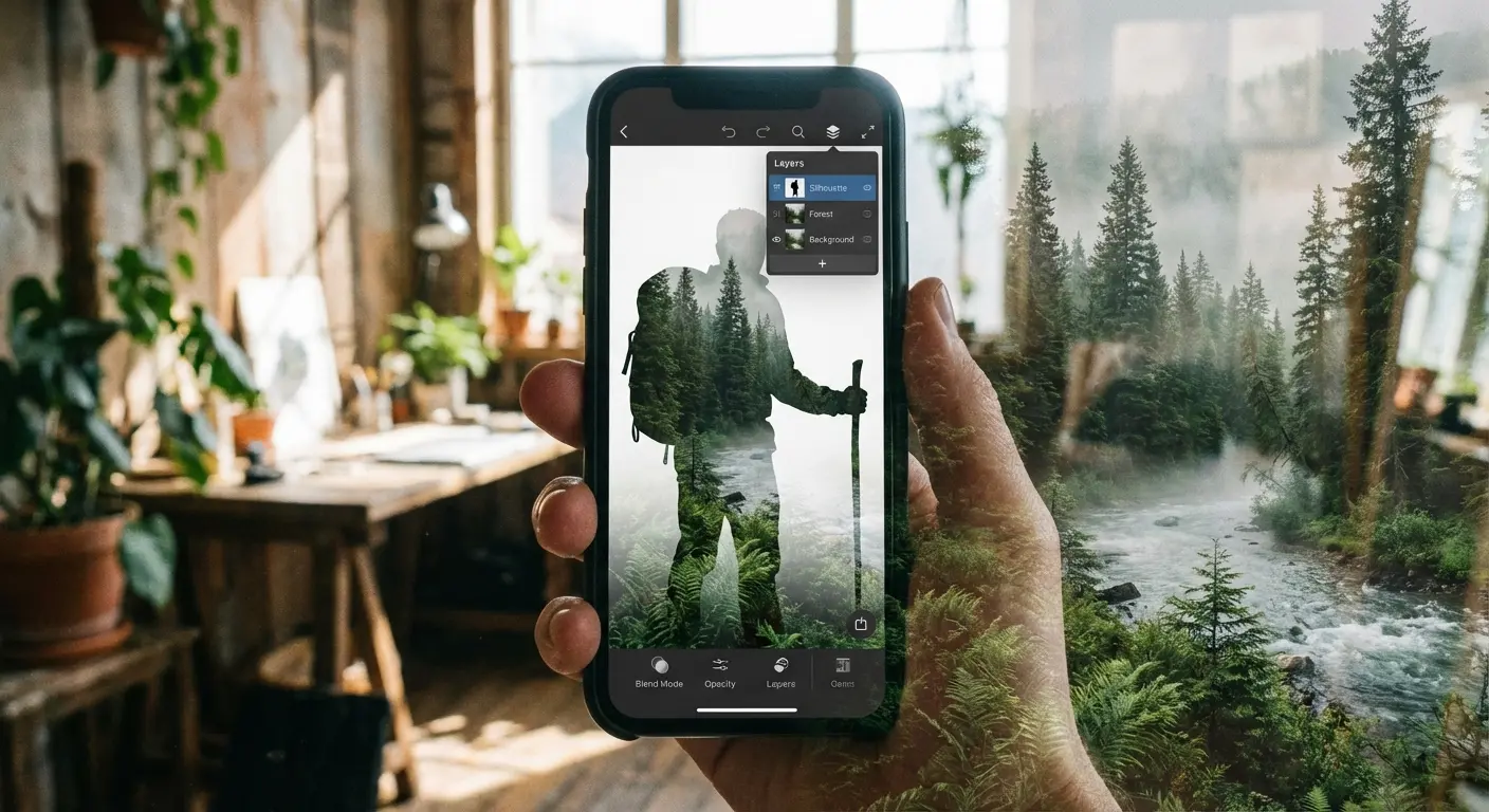 Pixlr app showing double exposure blending