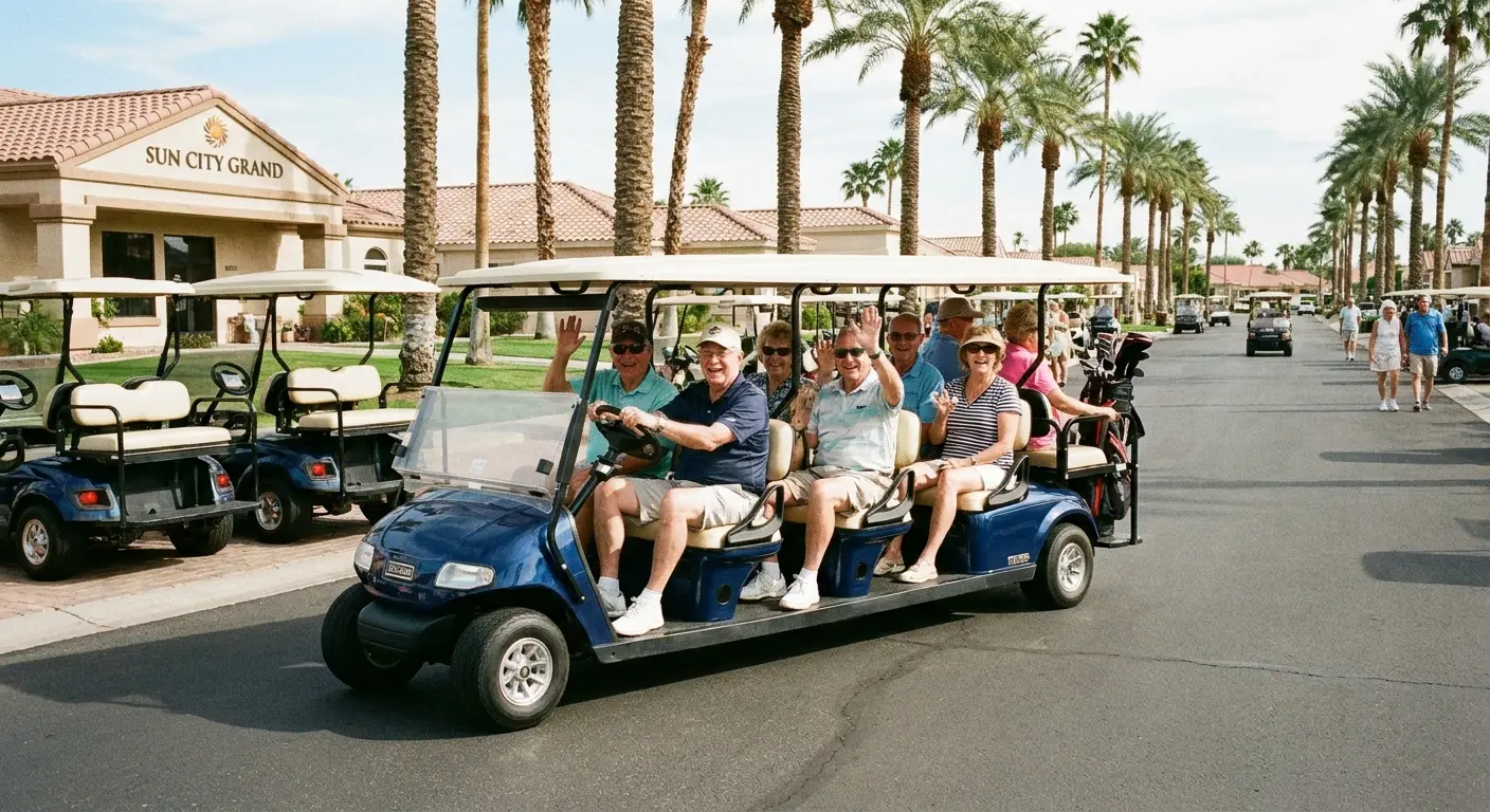 Six-seater stretch golf cart with passengers
