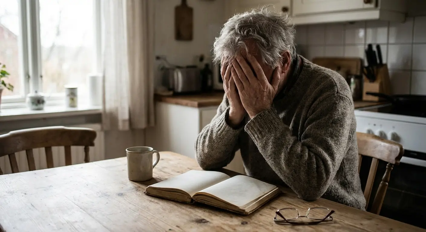 Man struggling to write a eulogy for his wife at a desk