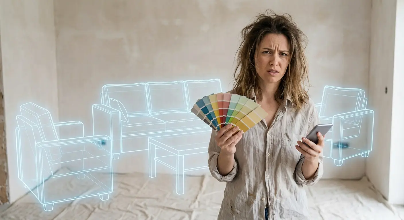 Person holding phone with interior design app open in a renovated living room