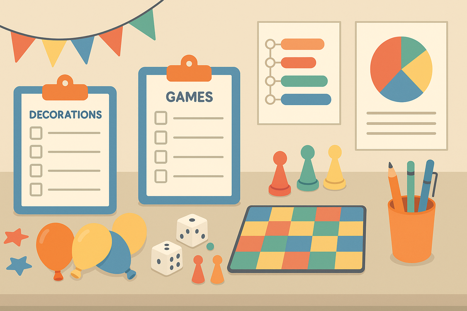 Wedding shower venue setup with game stations