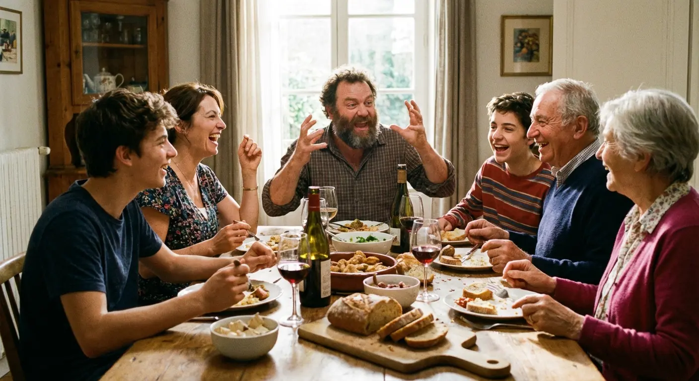 Family sharing funny stories about dad at the dinner table