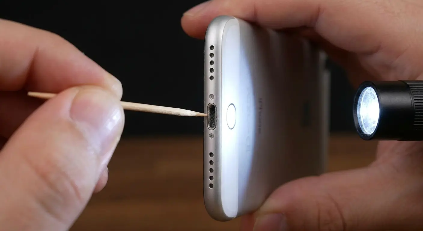 Toothpick removing lint from iPhone charging port