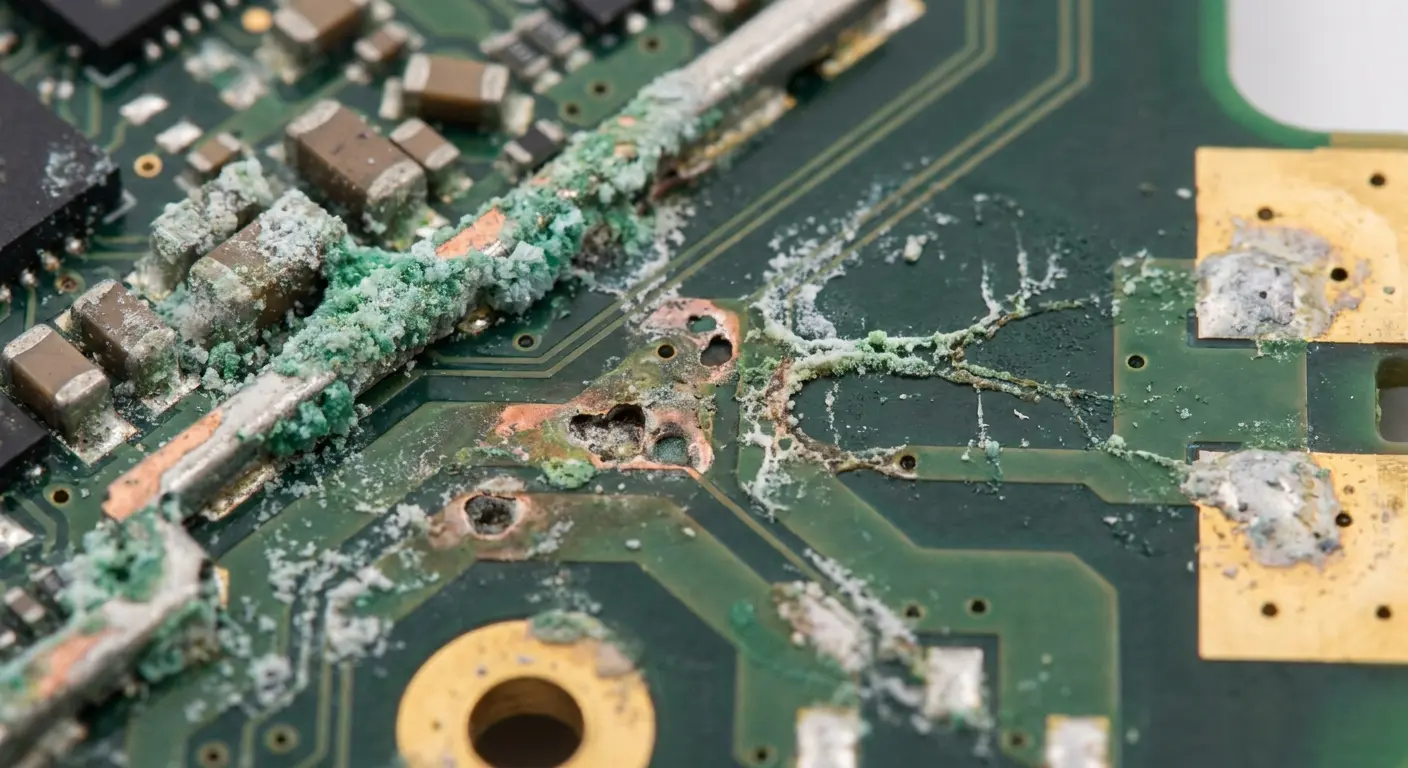 Microscopic view of water damage corrosion on phone components