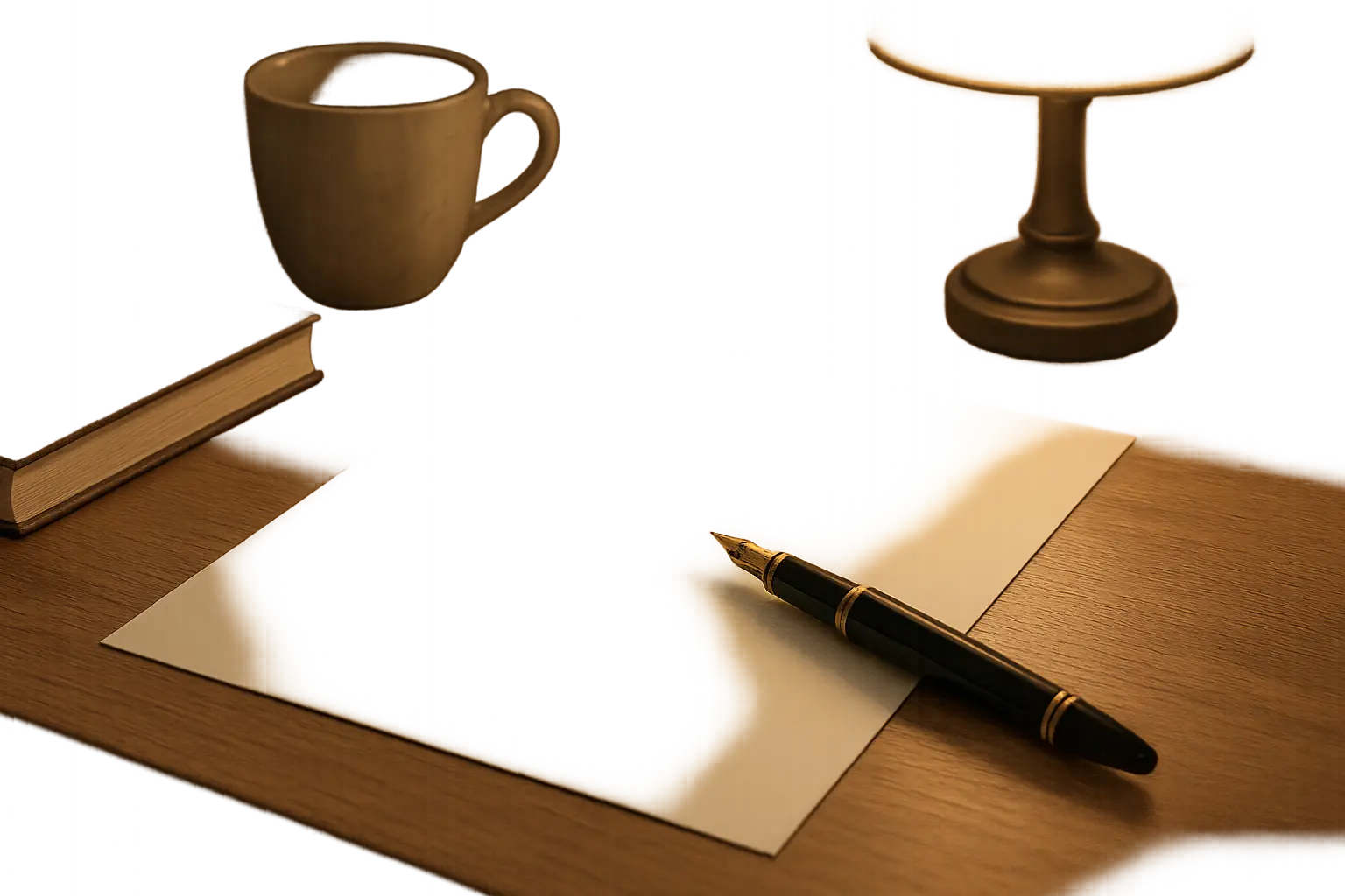 Person writing obituary at desk with flowers and photos