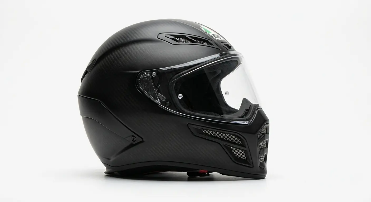 Full-face motorcycle helmet on rider