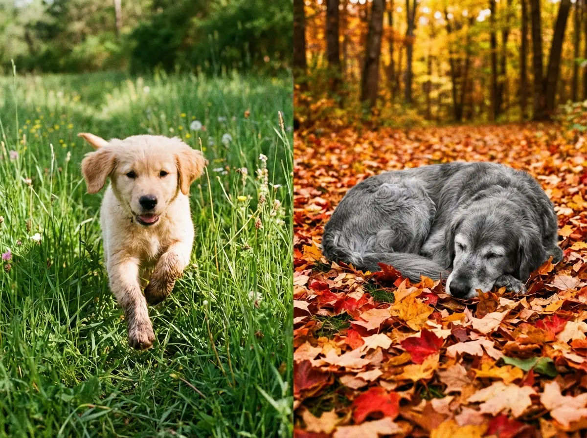 Dog running in autumn leaves