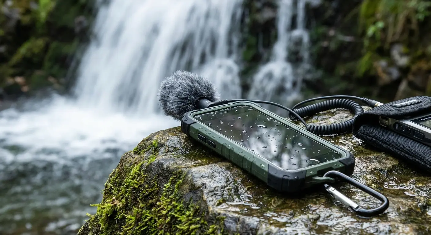 Rugged phone case protecting a device during an outdoor field recording session