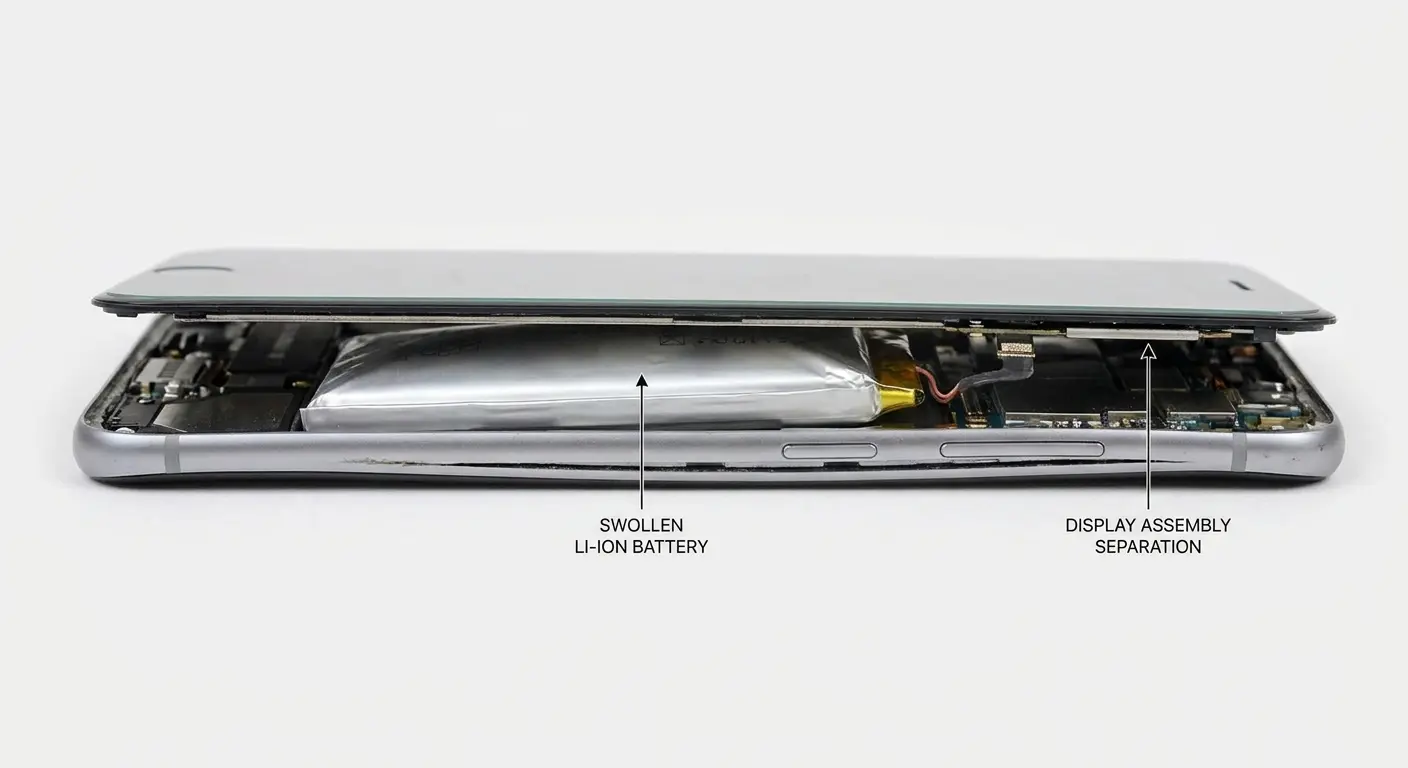 Swollen battery pushing against phone display