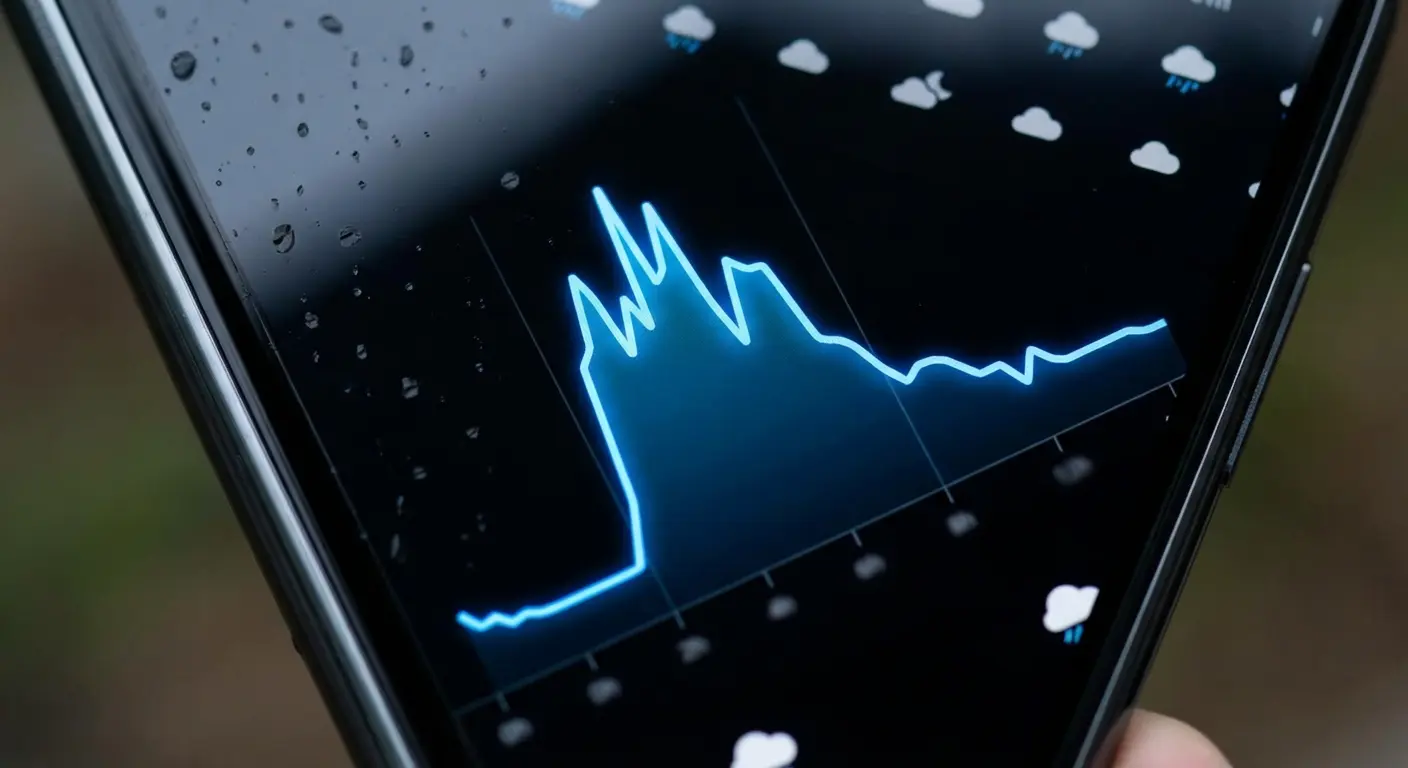 Smartphone screen showing hyperlocal precipitation forecast map