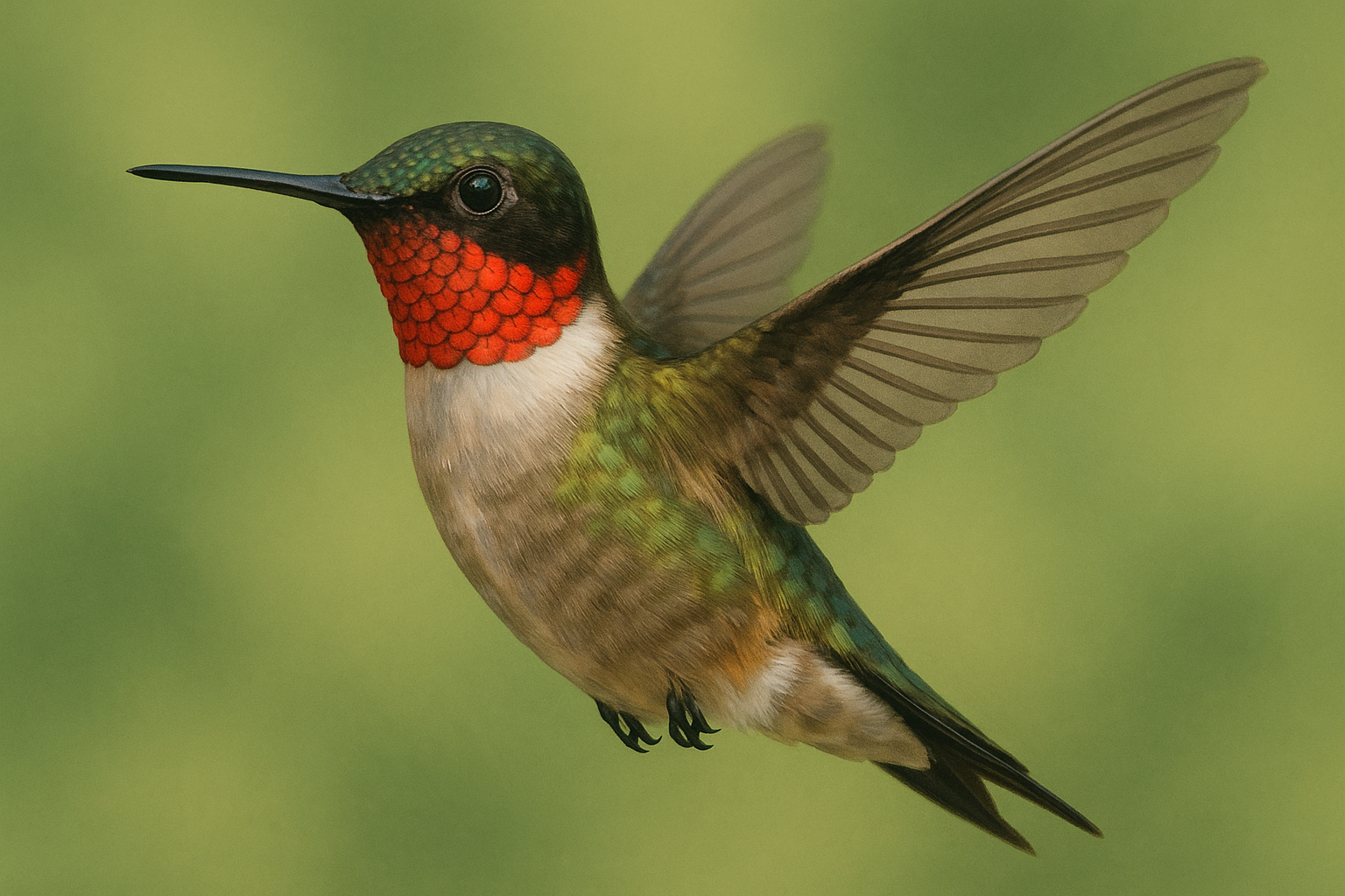 Ruby-throated hummingbird in flight with spread wings