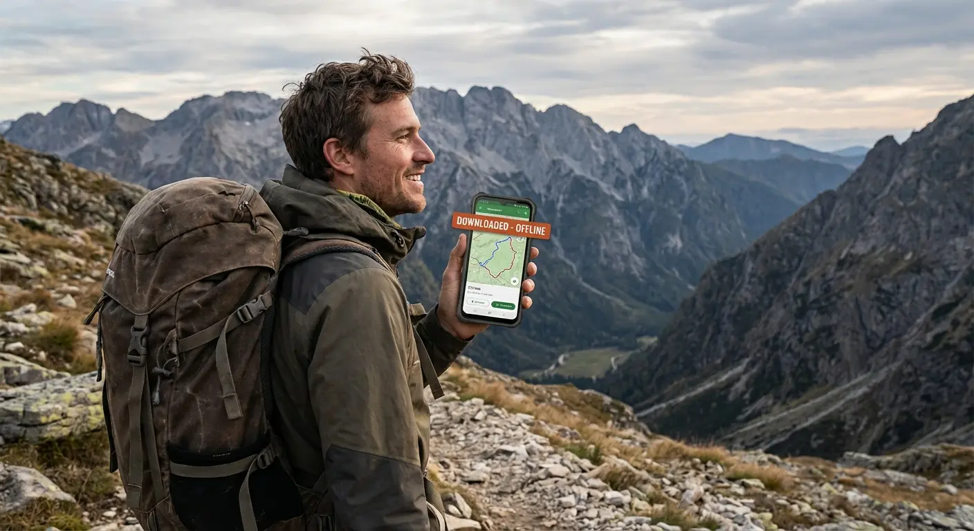 Person confidently using phone outdoors without service