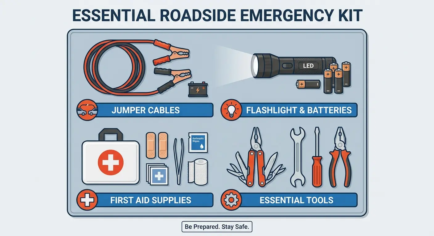 Emergency roadside kit contents displayed