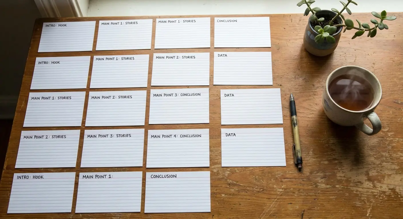 Structure of a eulogy outlined on a notepad with pen