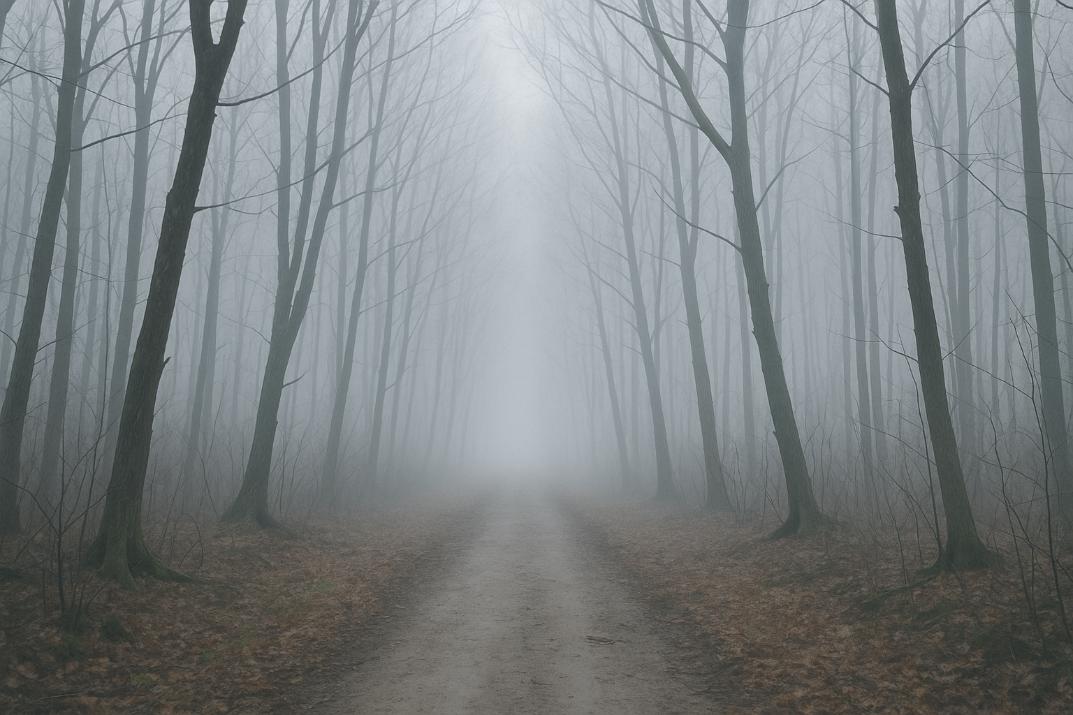 Misty forest path disappearing into winter fog